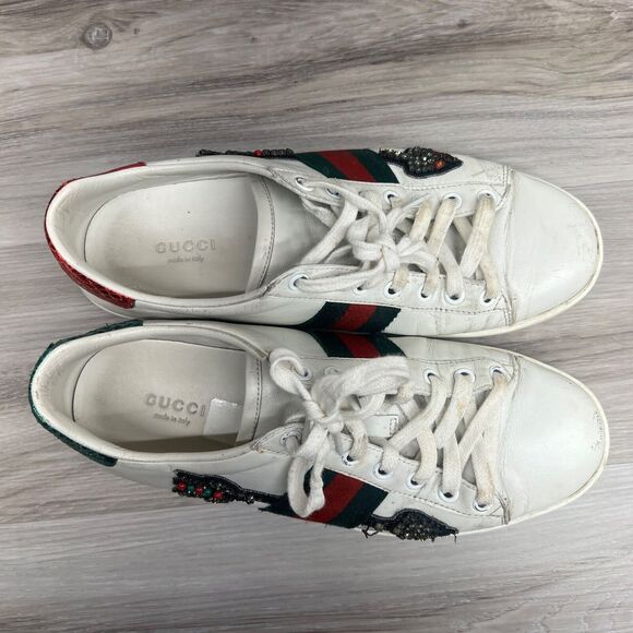 Gucci Ace Sneakers Women's Sz 37.5 Embroidered Arrow White Leather Crystal Shoe - Picture 10 of 14